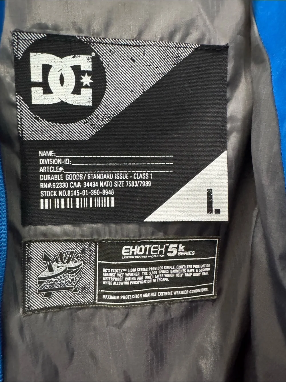 DC Shoes Mens Large Blue Down Snowboard Ski Jacket EXOTEX 5K Hooded Winter Coat